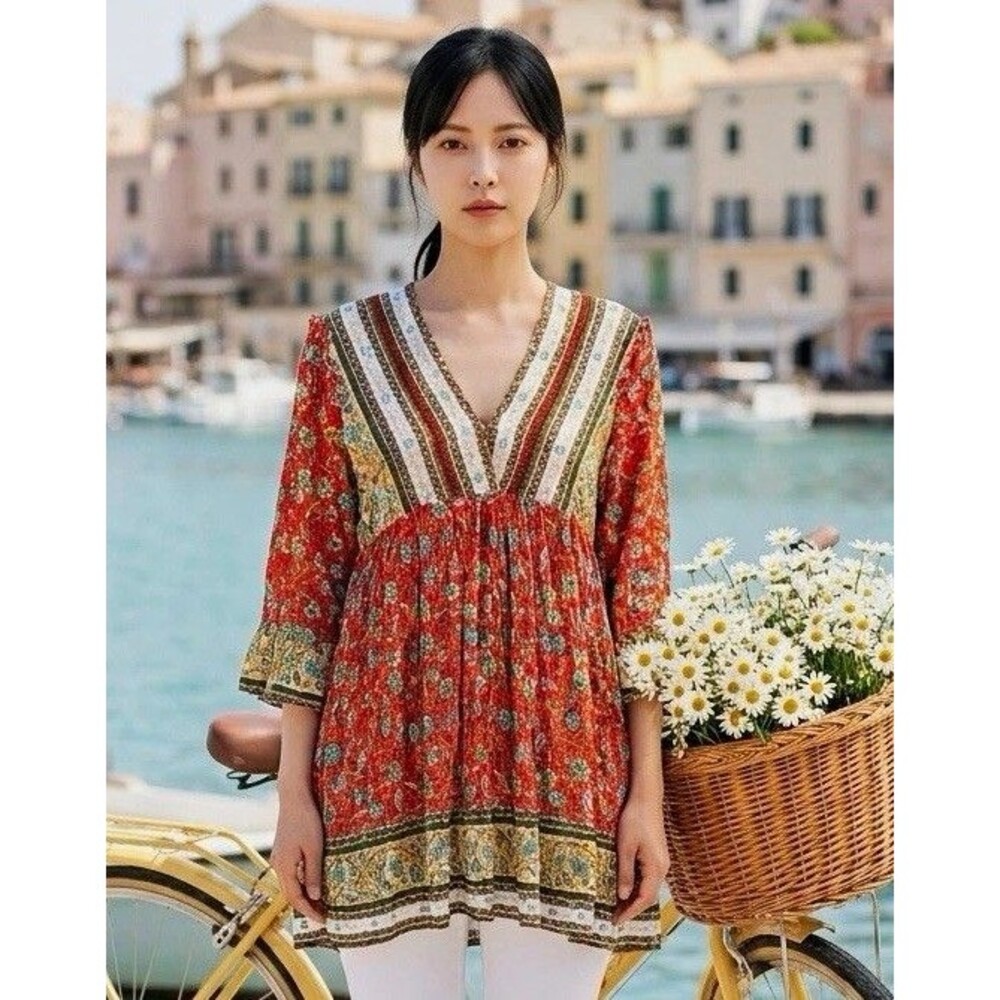Easel Red Multicolor Floral Woven Ruffle V-Neck 3/4 Sleeve Tunic Blouse M